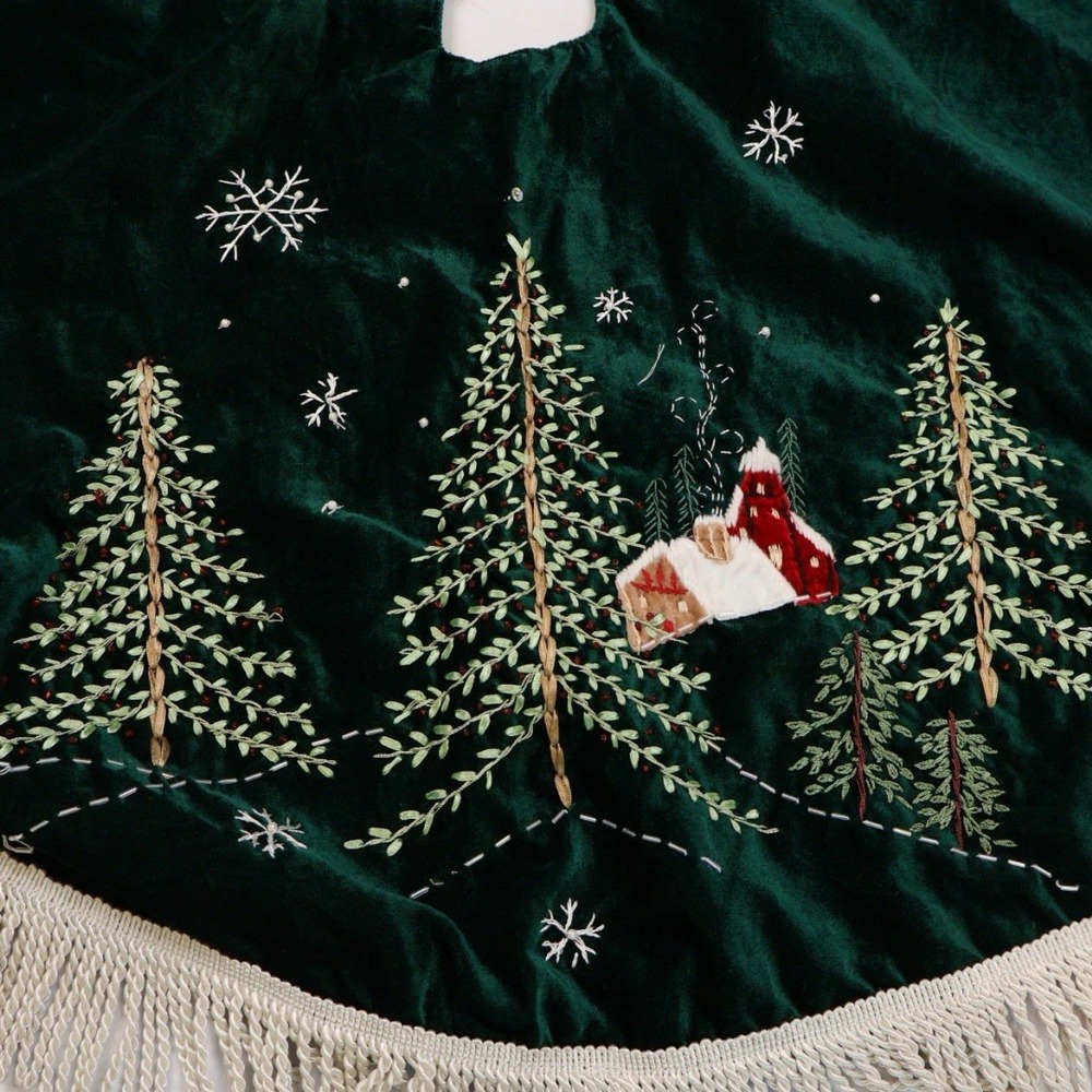 Trim A Home Christmas Tree Skirt Emerald Green Velvet Embroidered 43" Fringe